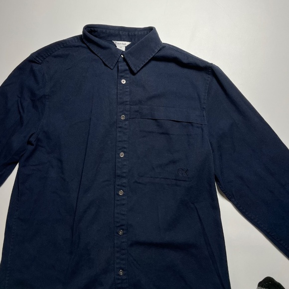 Calvin Klein Navy Blue Button Down Mens Casual Cotton Long Sleeve Shirt Top L - Picture 3 of 16